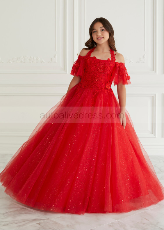 Halter Neck Red Lace Glitter Tulle Modern Flower Girl Dress